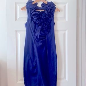 Ruffled V-Neck Metallic Navy Color Dress XSCAPE by Joanna Chen